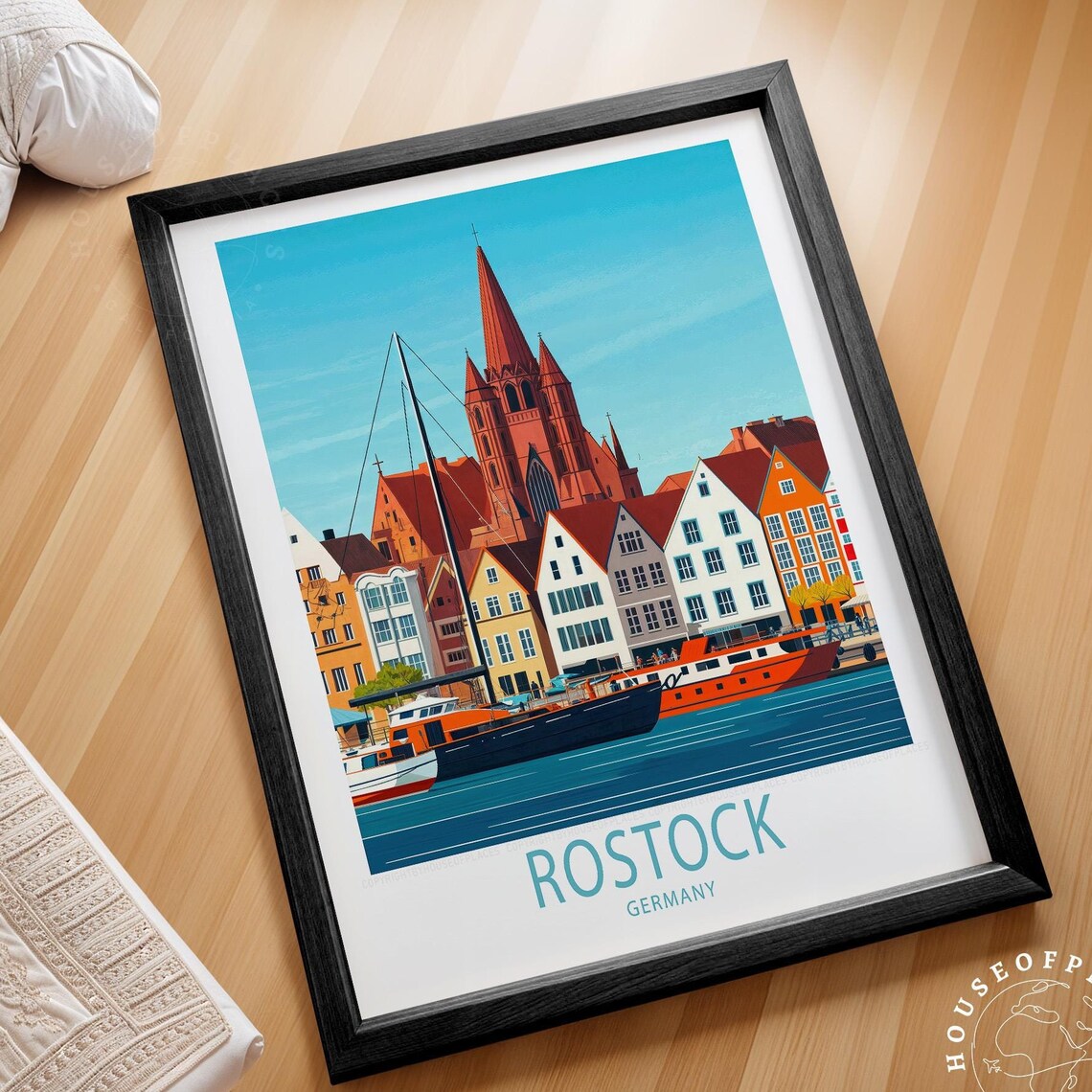 Rostock Germany Harbor Brick Church Ships Vintage Travel Art Poster