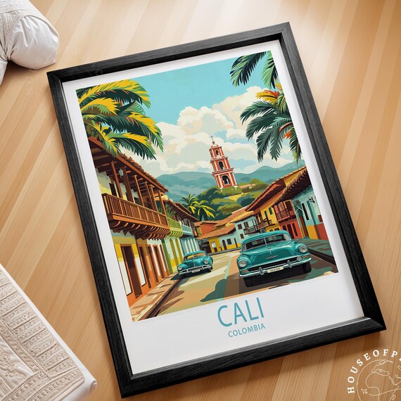 Cali Colombia Travel Poster Vintage Cars Colonial Street Palm Artwork