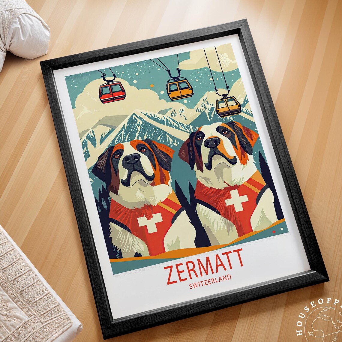 Zermatt Switzerland Saint Bernard Ski Dogs Retro Winter Travel Poster