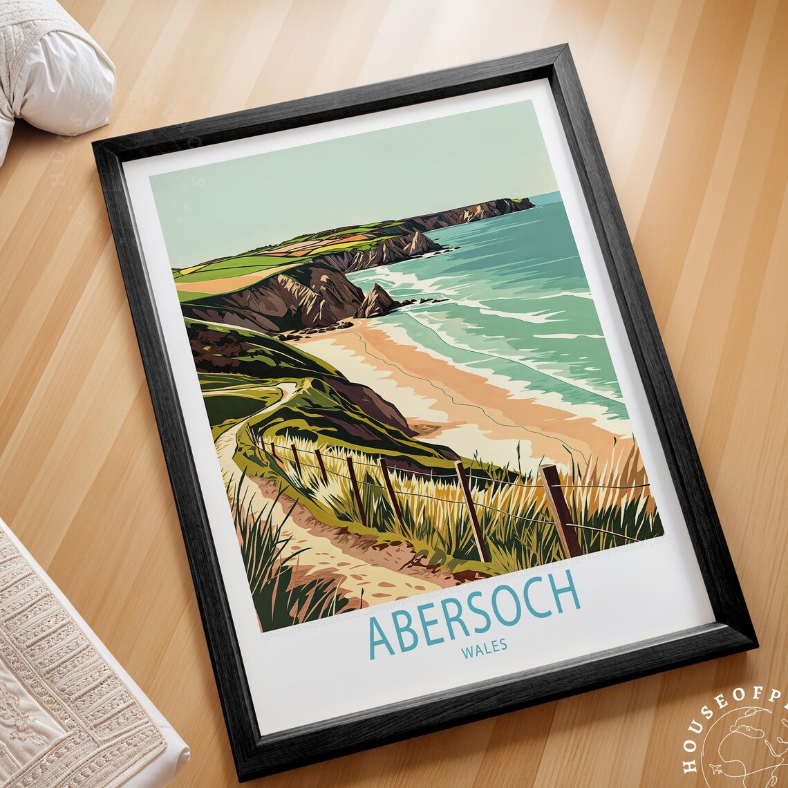 Abersoch Wales Coastal Cliffs Vintage Travel Illustration Poster