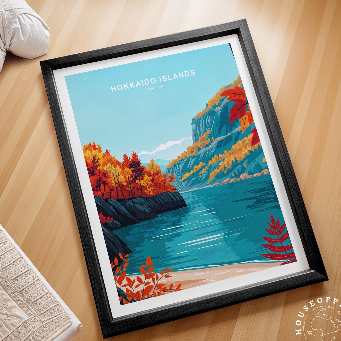 Hokkaido Islands Japan Autumn Foliage Lake Shore Vintage Travel Poster