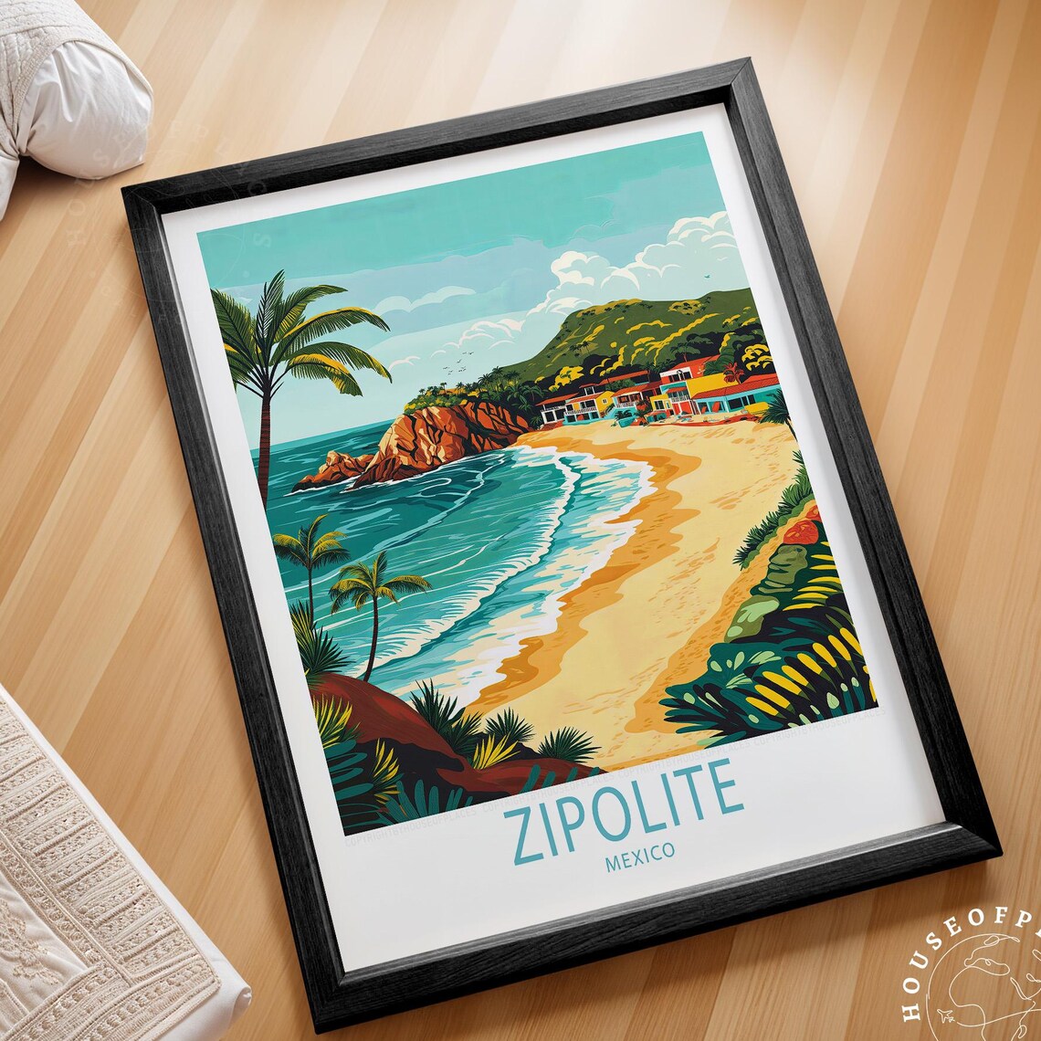 Zipolite Mexico Tropical Beach Palm Trees Vintage Style Travel Poster