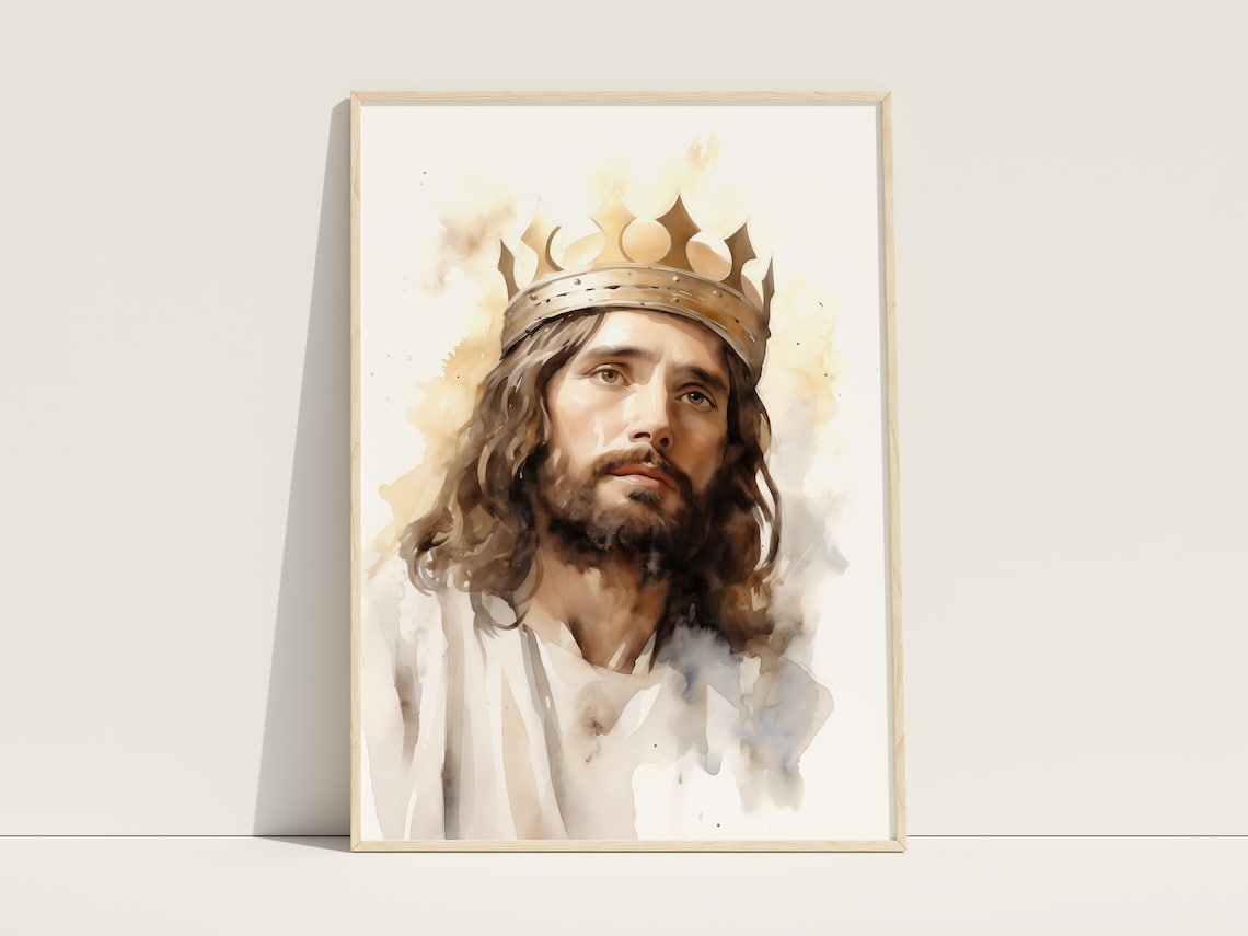 Jesus Christ Wearing Crown King of Kings Watercolor Art Poster
