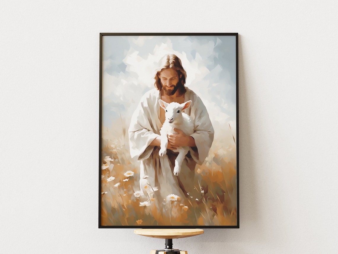Jesus Holding Lamb in Golden Wheat Field Painterly Art Poster - Image 2