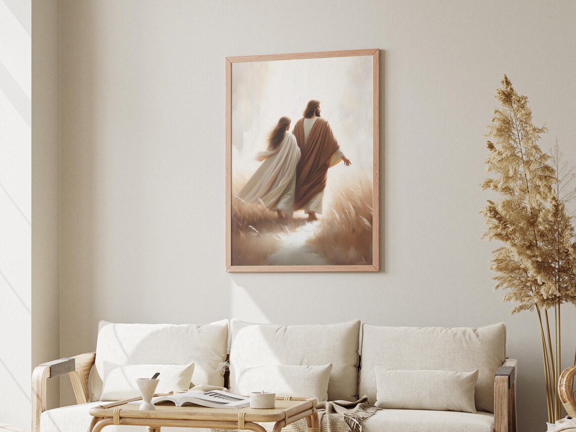 Jesus Walking with Woman Through Golden Wheat Field Art Poster - Image 3