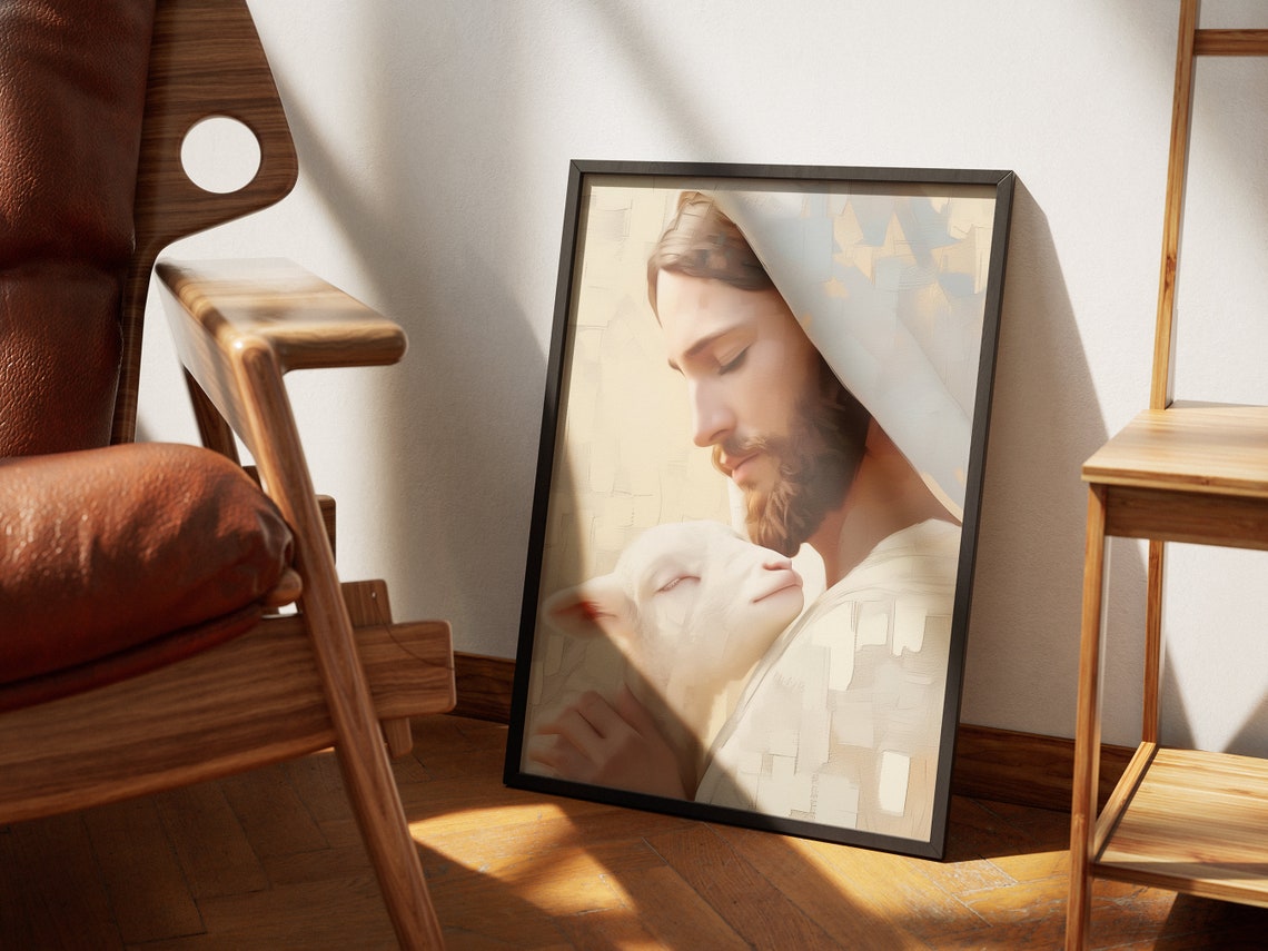 Jesus Christ Resting Lamb on Shoulder Pastel Painting Peaceful Poster - Image 4