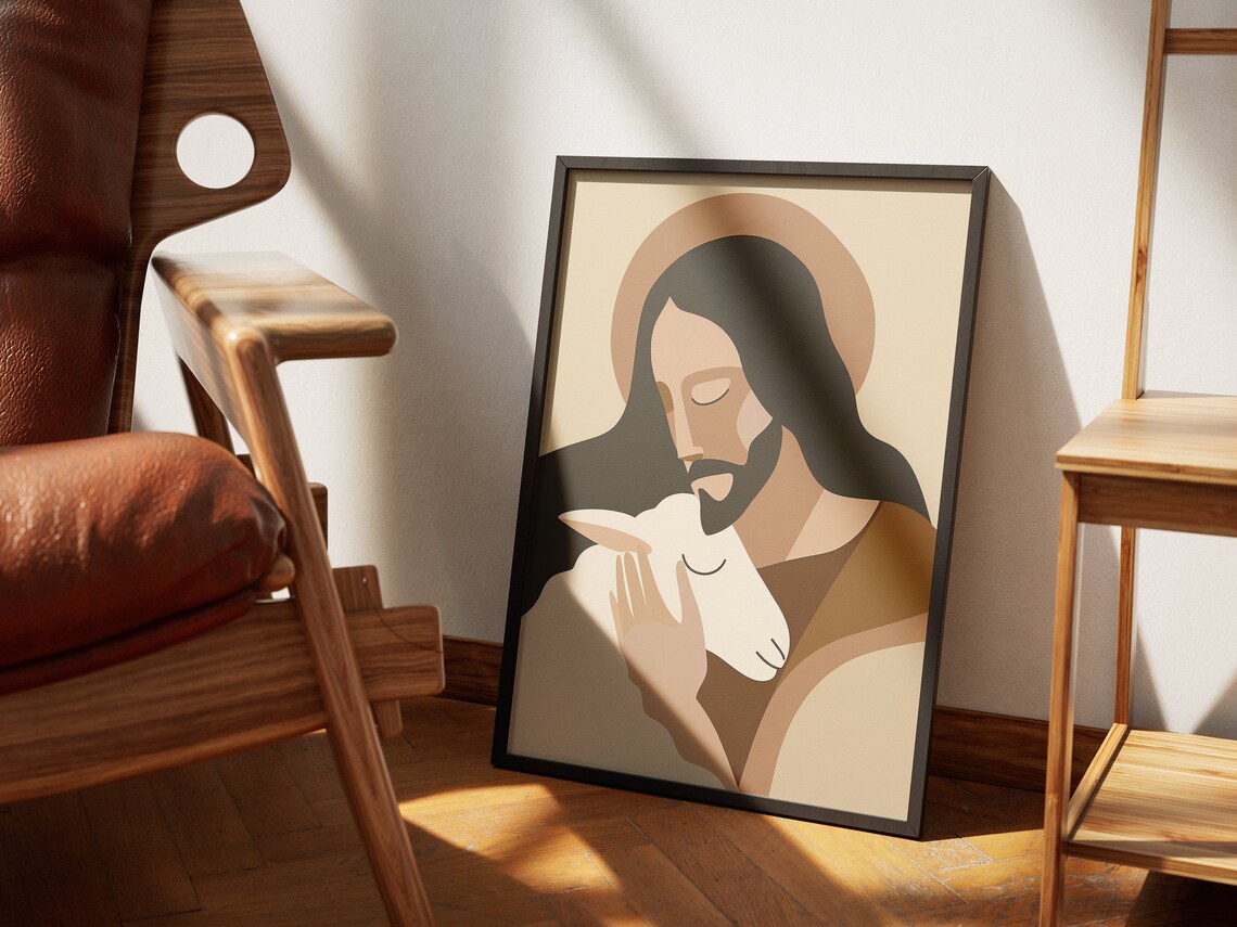 Jesus and Lamb Boho Minimalist Neutral Earth Christian Art Poster - Image 4