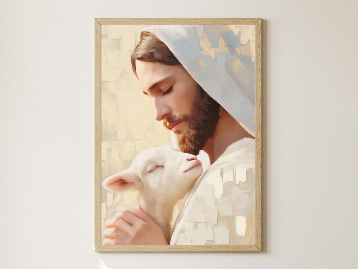Jesus Christ Resting Lamb on Shoulder Pastel Painting Peaceful Poster