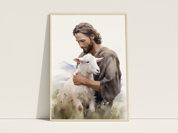 Jesus Christ Carrying Lamb Watercolor Good Shepherd Christian Art Poster