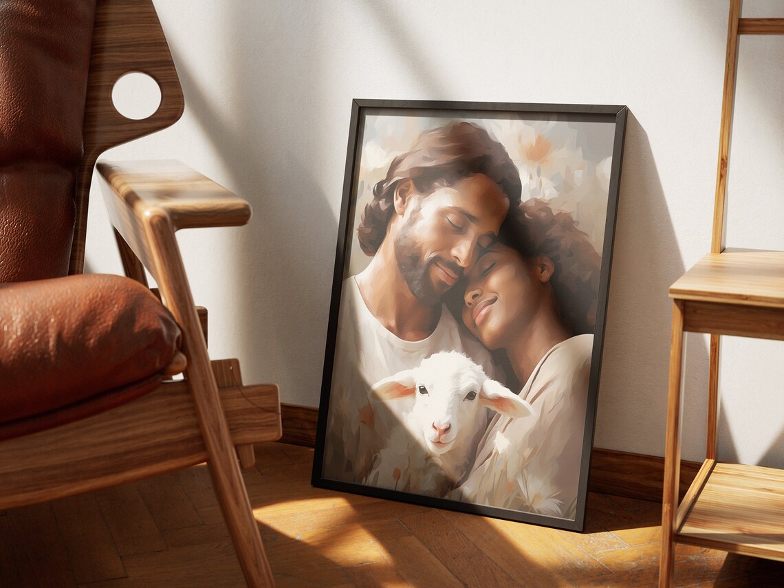 Jesus Christ Embracing Woman Lamb Painting Tender Faith Art Poster - Image 4