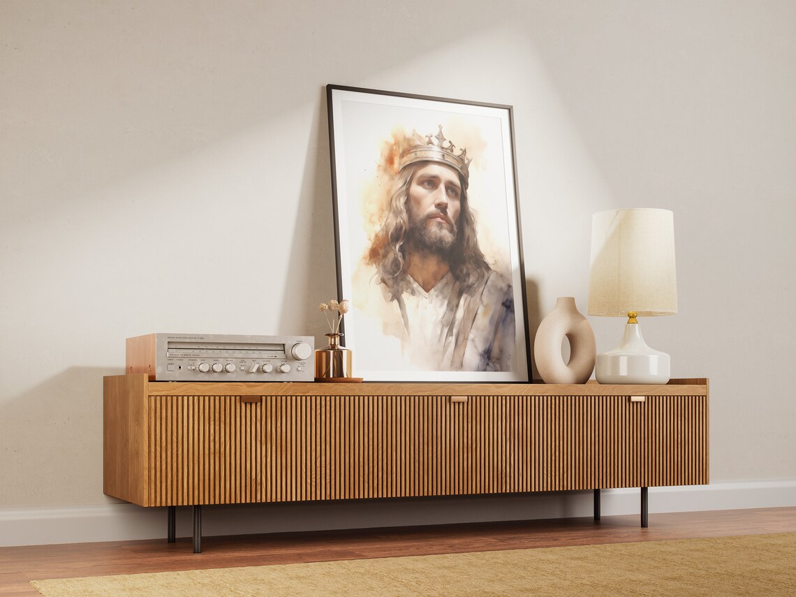 Jesus Christ Crowned King Royal Watercolor Portrait Art Poster - Image 3