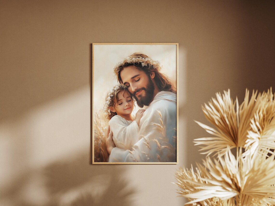 Jesus Christ Hugging Little Girl Flower Crown Wheat Field Art Poster - Image 3
