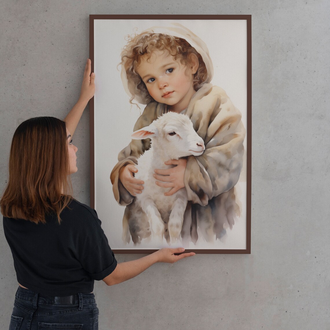 Child Jesus in Hood Holding Lamb Soft Watercolor Nursery Art Poster - Image 2