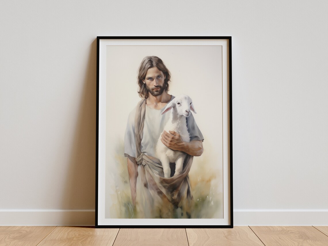 Jesus And Lamb Print The Good Shepherd Art Bible Print Christian Wall Art Jesus Painting Jesus Leaves The 99 Jesus Poster Church Decor - Image 3