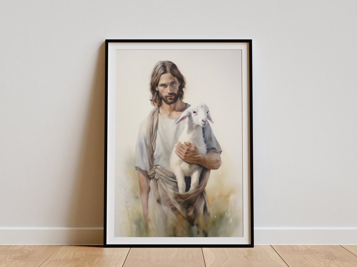 Jesus Christ Good Shepherd Holding Lamb Meadow Watercolor Art Poster - Image 3