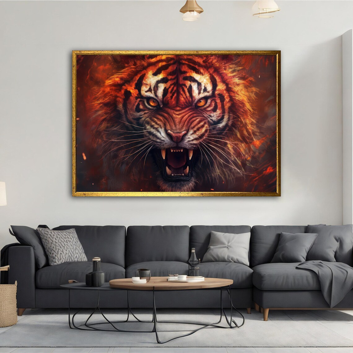 Roaring Tiger Fiery Eyes Orange Flames Powerful Wild Animal Art Poster - Image 2