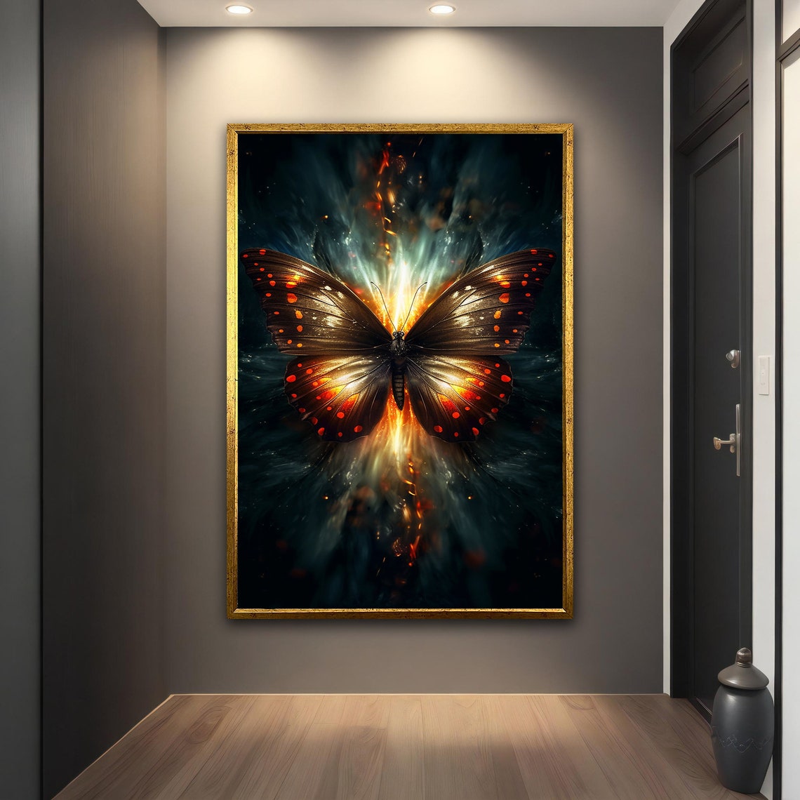 Glowing Butterfly on Dark Background Fire Light Wings Wall Art Print