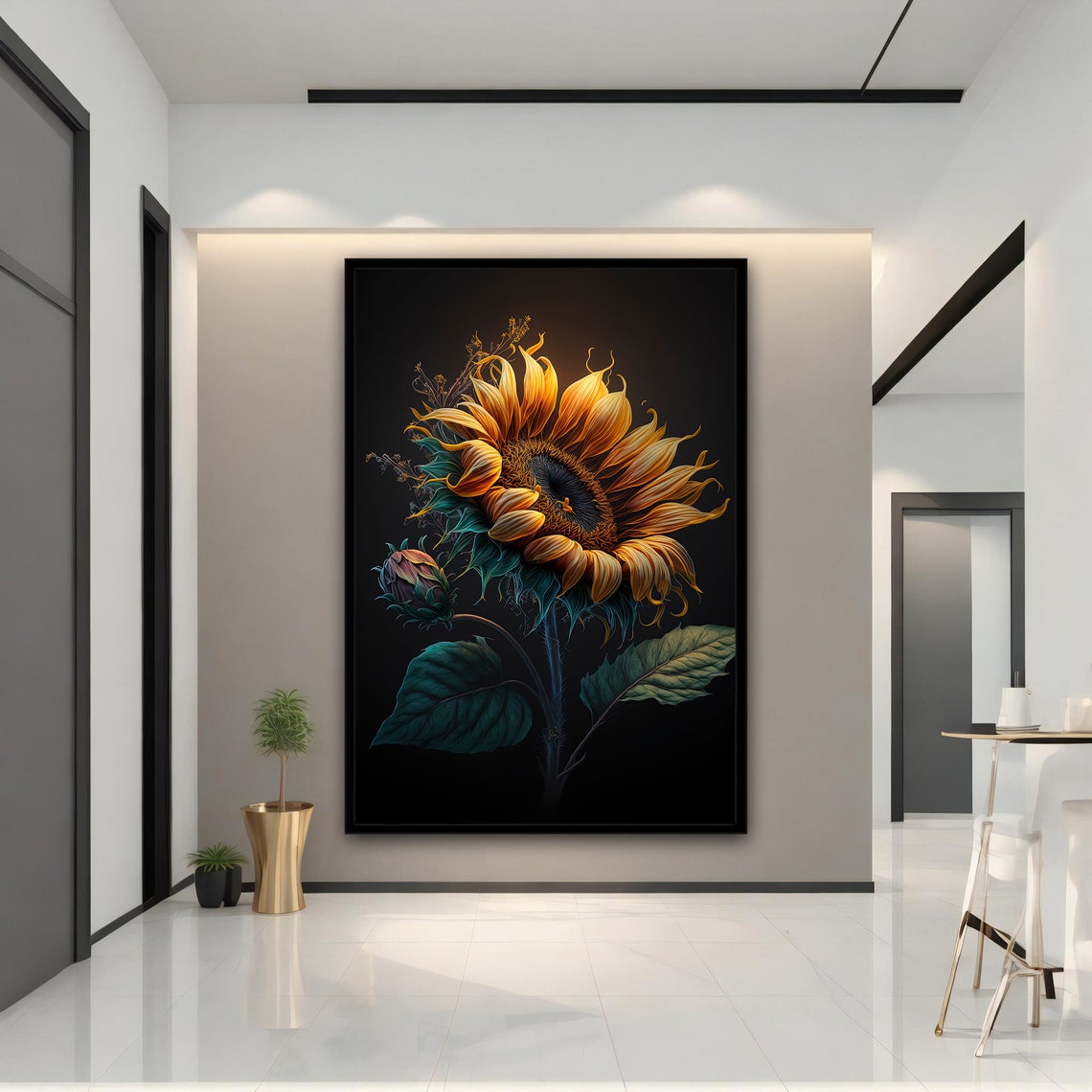 Sunflower Bloom Black Background Dramatic Botanical Gold Frame Poster - Image 3