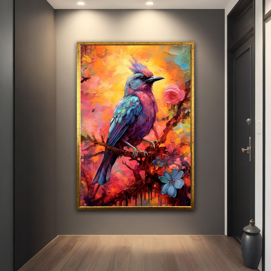 Colorful Crested Songbird on Branch Vibrant Oil Painting Bird Print