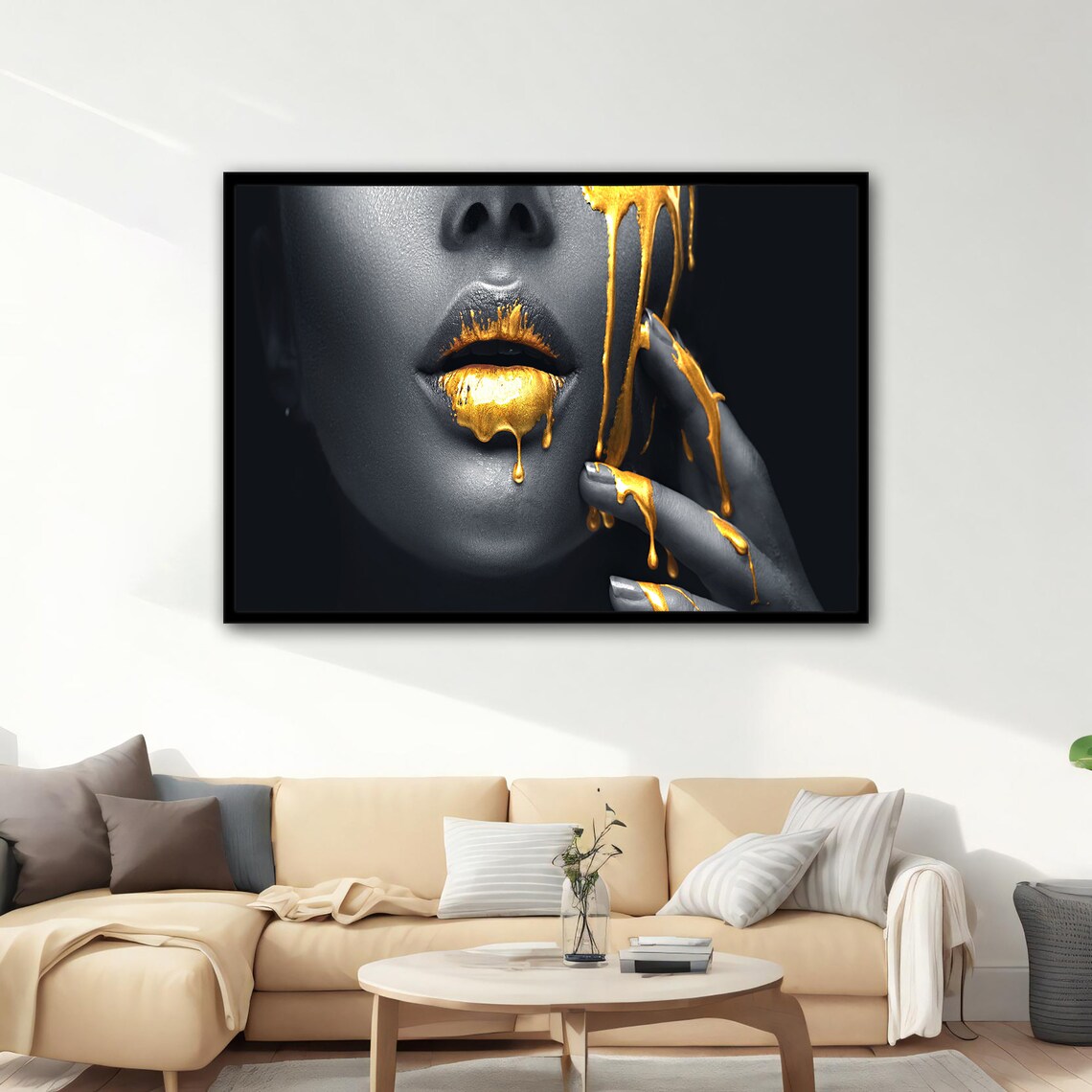 Gold Dripping Lips Black White Portrait Luxury Fashion Wall Art Poster - Image 3