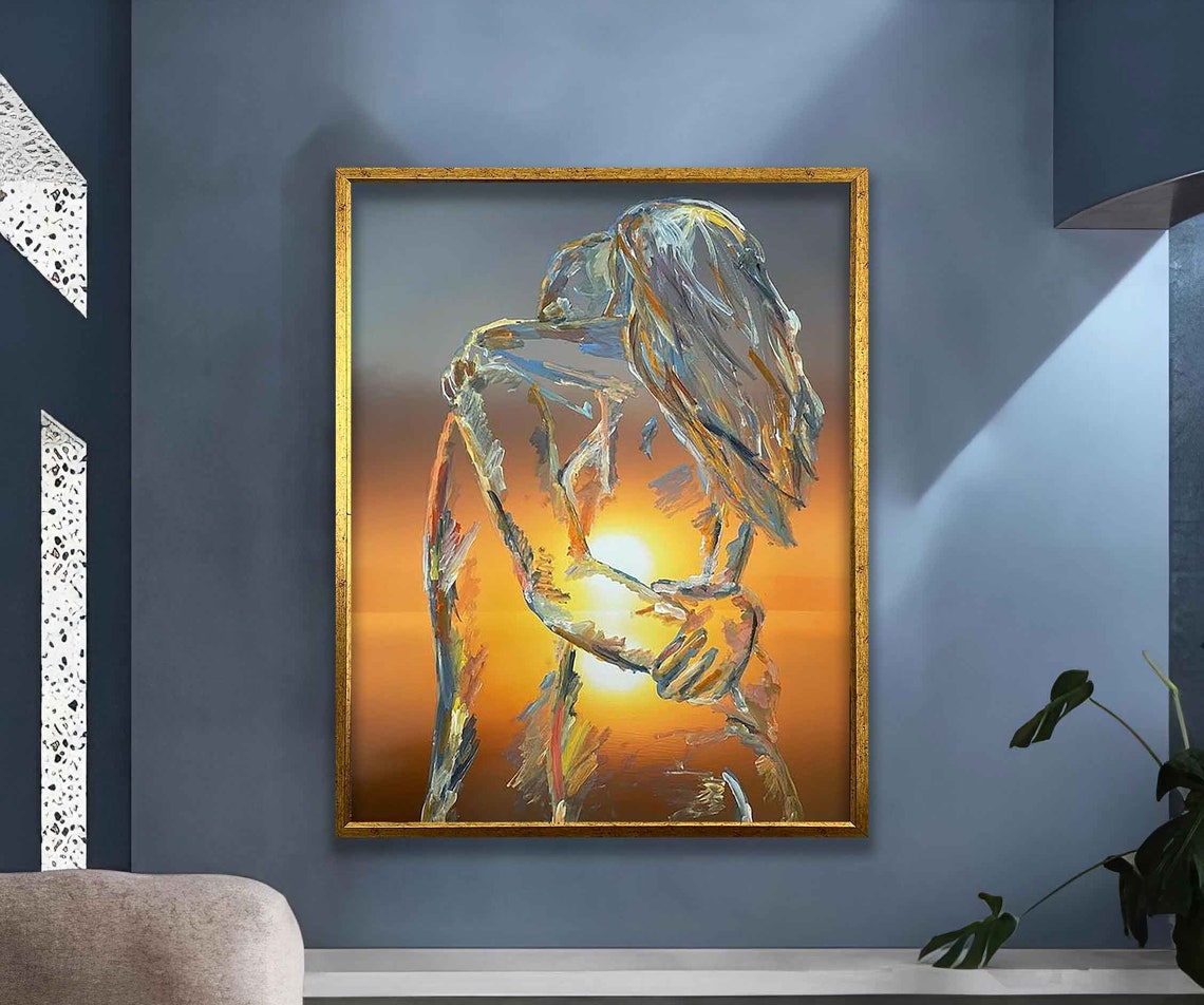 Embracing Couple Silhouette Sunset Double Exposure Love Art Poster - Image 2