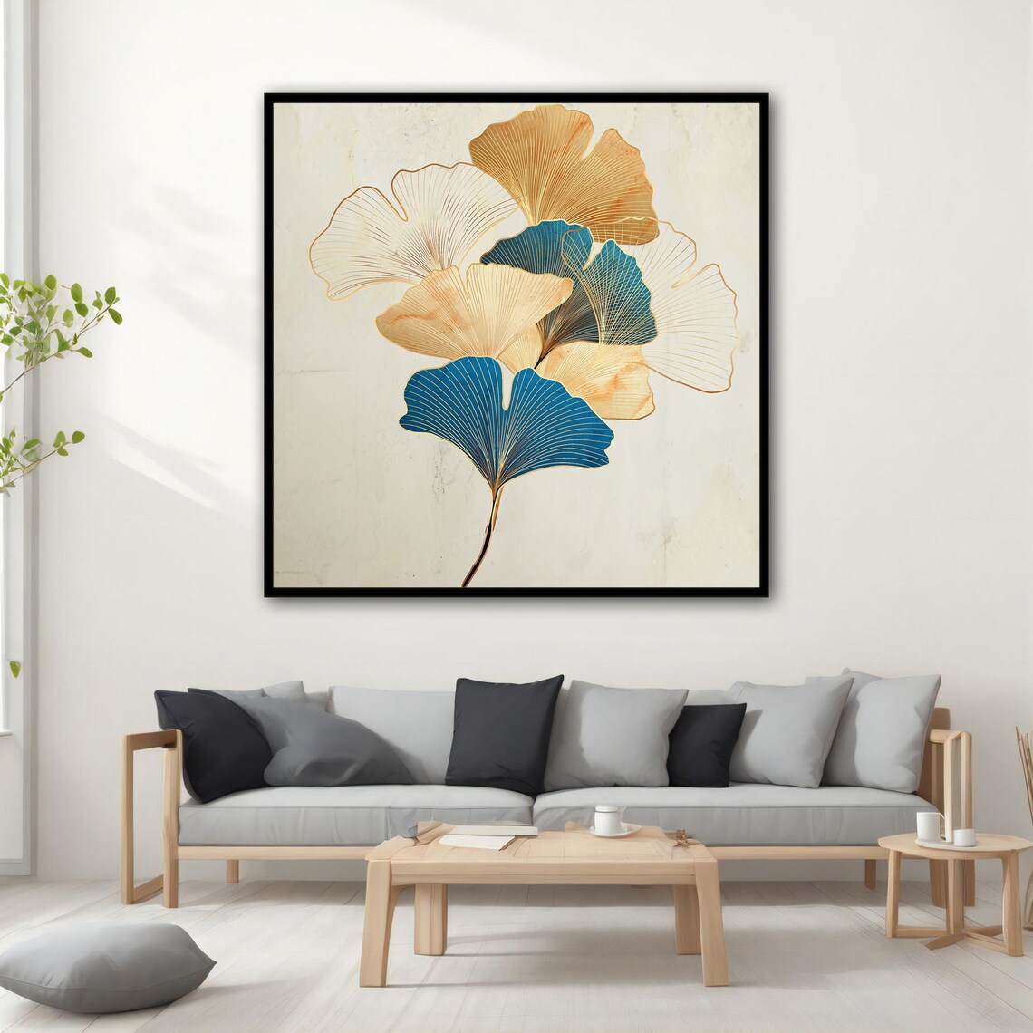 Blue and Gold Ginkgo Leaves Line Art Elegant Botanical Wall Poster - Image 3