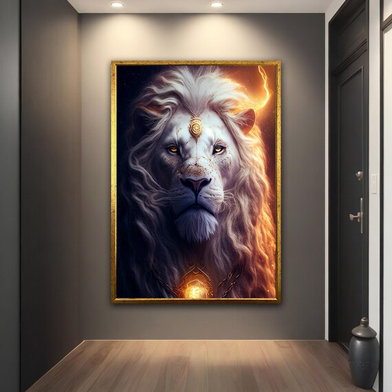 Majestic White Lion Fantasy Portrait Golden Eyes Fiery Glow Poster