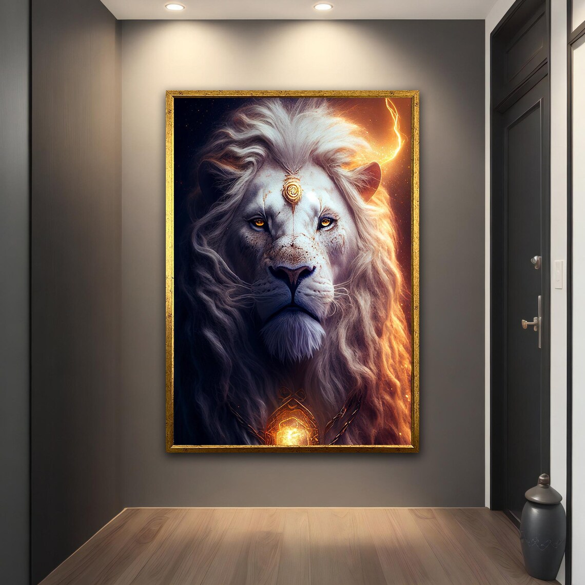 Majestic White Lion Fantasy Portrait Golden Eyes Fiery Glow Poster