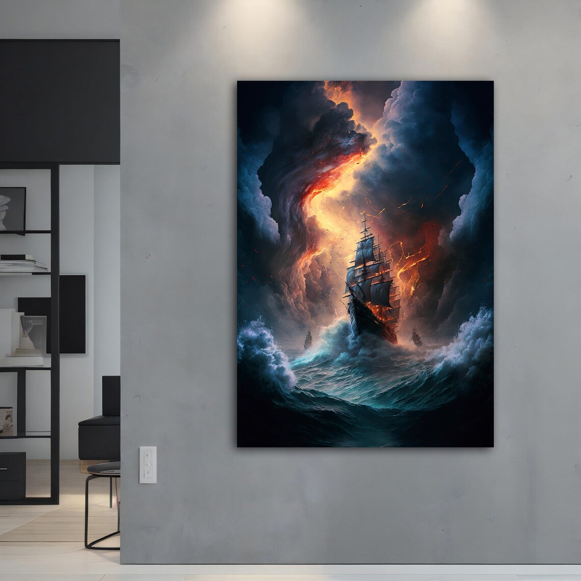 Tall Ship Stormy Sea Fiery Sky Dramatic Ocean Battle Waves Art Poster - Image 4