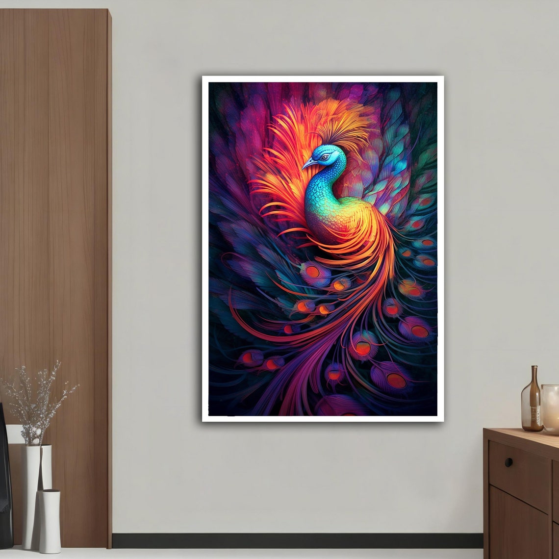 Neon Multicolor Peacock Dark Background Exotic Wall Art Poster - Image 2