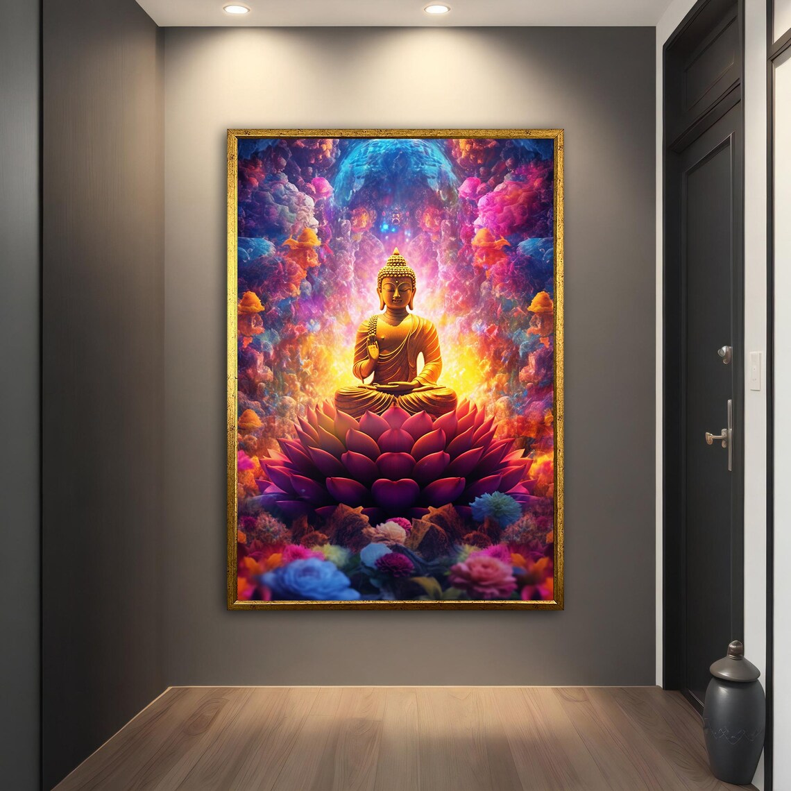 Golden Buddha on Lotus Psychedelic Flowers Spiritual Art Print - Image 5