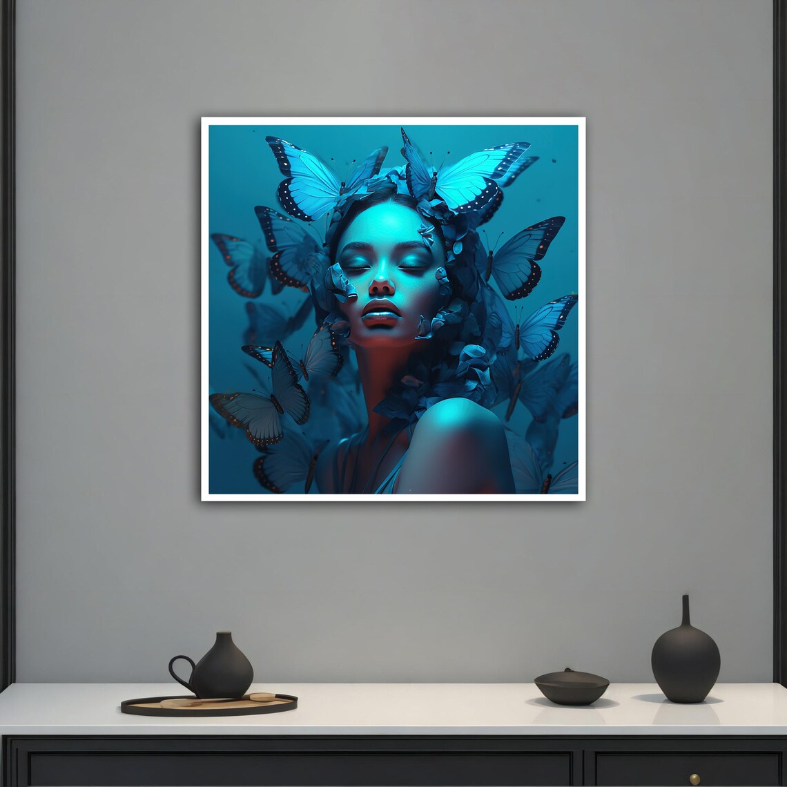 Woman Portrait With Blue Butterflies In Monochrome Teal Art Poster - Image 4
