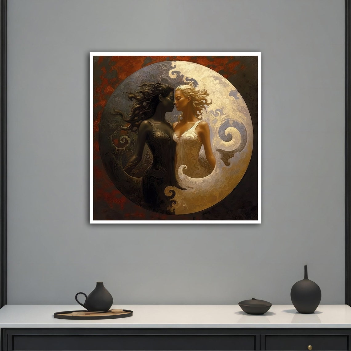 Yin Yang Women Embracing In Bronze Circle Dark Red Canvas Wall Art - Image 4