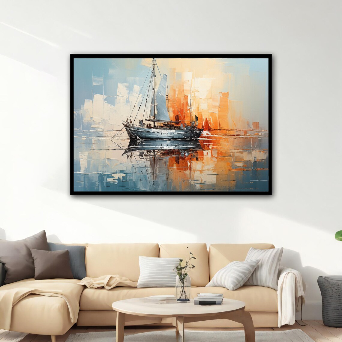 Sailboat Sunset Harbor Abstract Oil Painting Nautical Wall Art Poster - Image 4