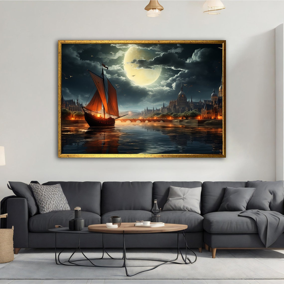 Sailing Ship Red Sails Full Moon Night Harbor Fantasy Nautical Poster - Image 2