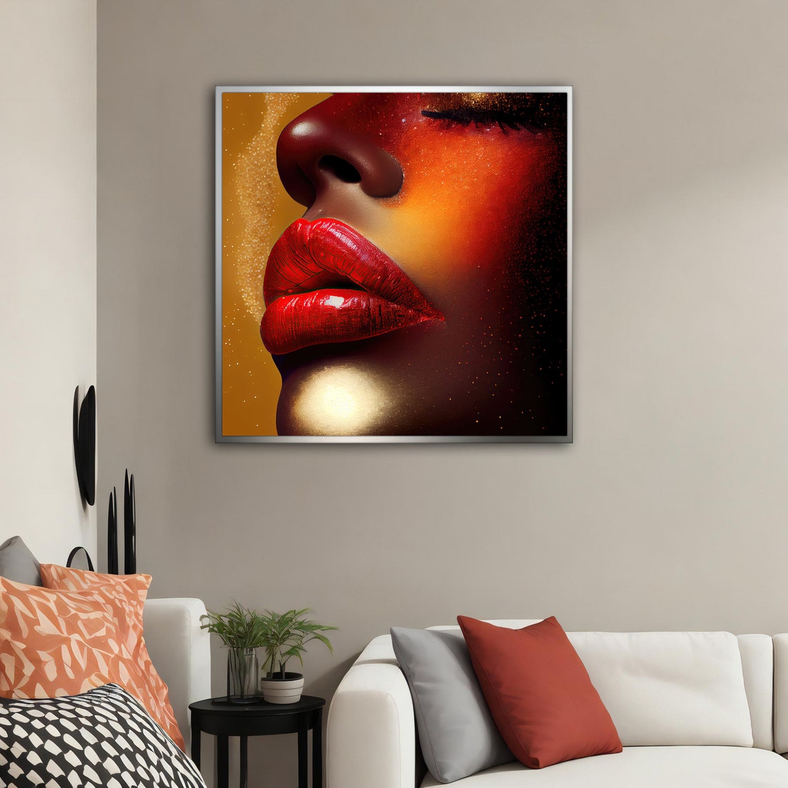 Glossy Red Lips Close Up On Sparkling Golden Background Poster - Image 4