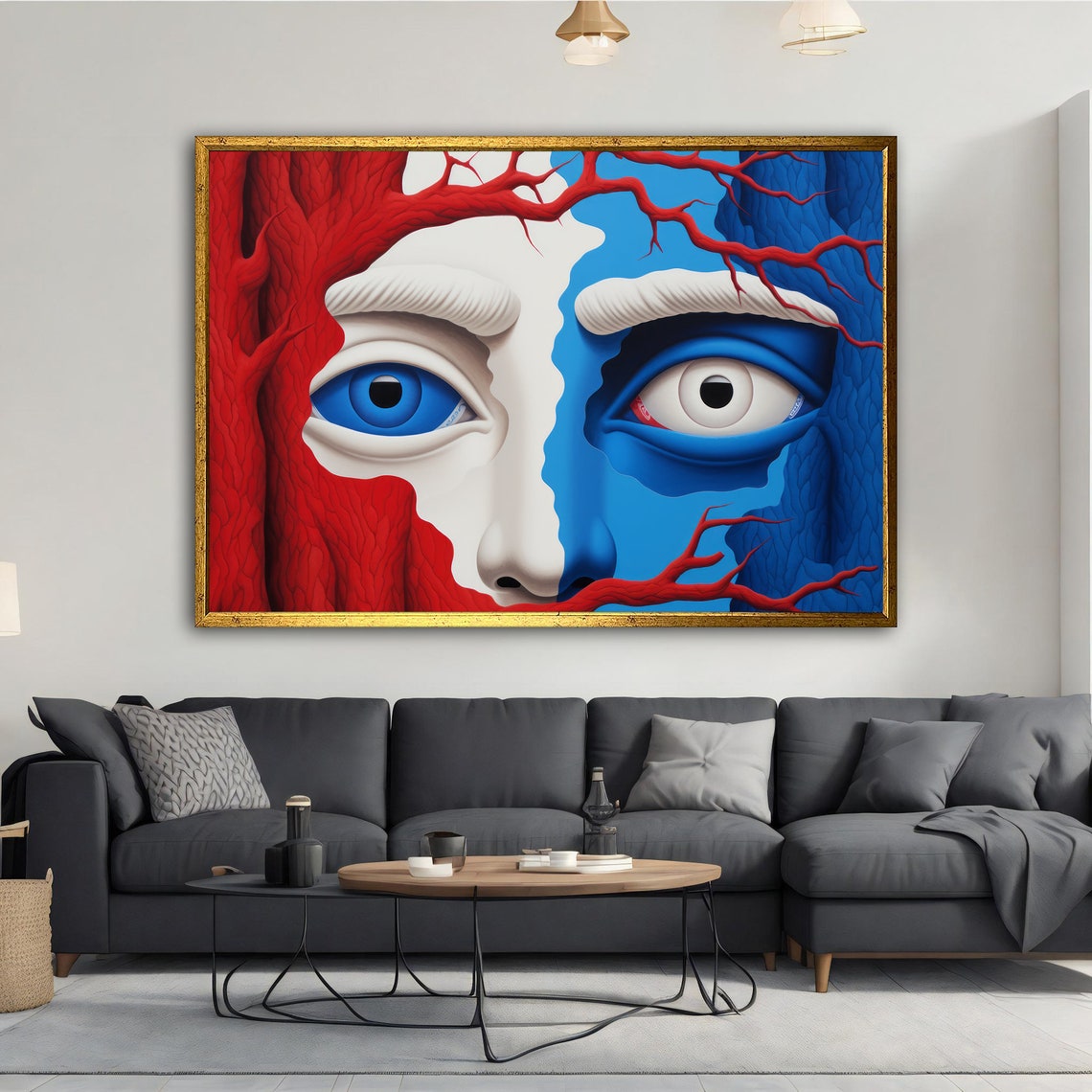 Surreal Face Red Blue Split Tree Branch Eyes Modern Fantasy Art Poster - Image 3