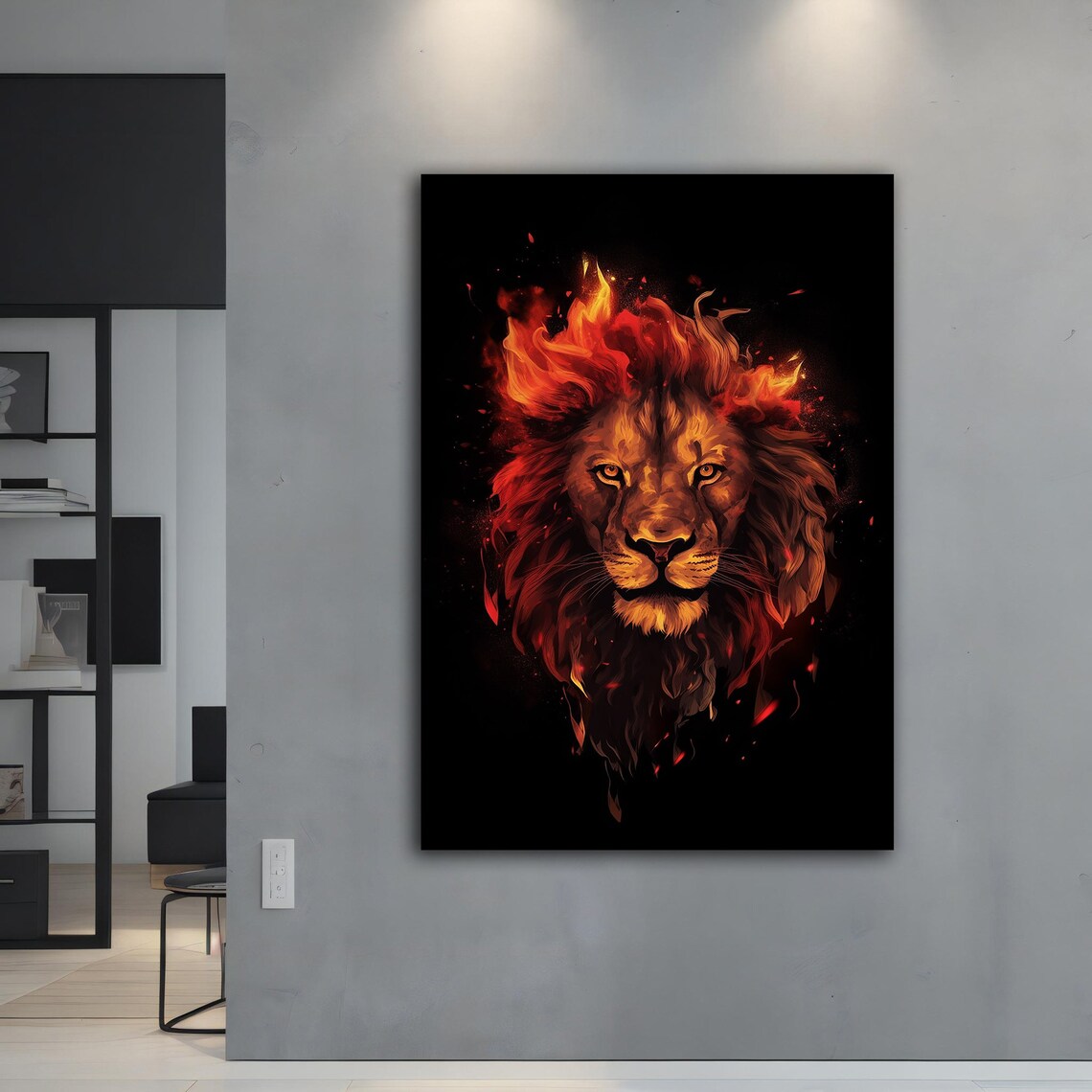 Fiery Lion Burning Mane Black Background Bold Wall Art Poster - Image 2