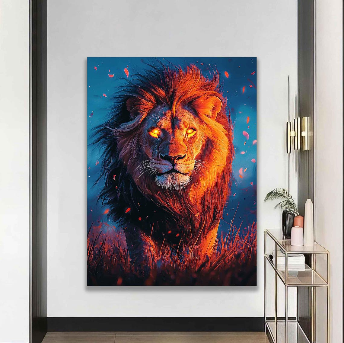 Fiery Lion Portrait Glowing Eyes Orange Mane Bold Wildlife Art Poster - Image 5