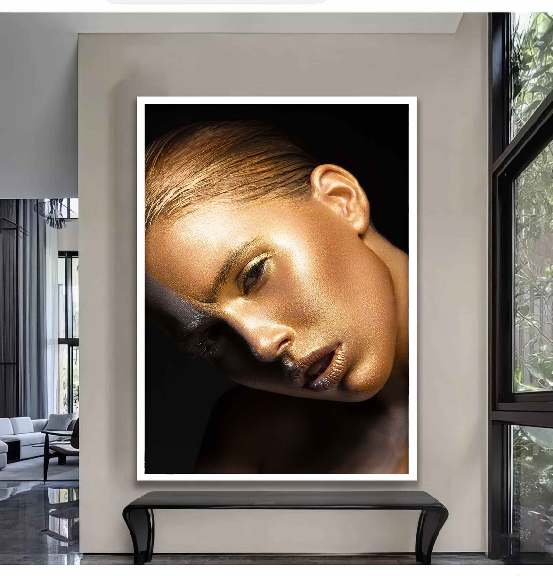 Golden Glitter Woman Portrait Beauty Glow Modern Wall Art Poster - Image 3