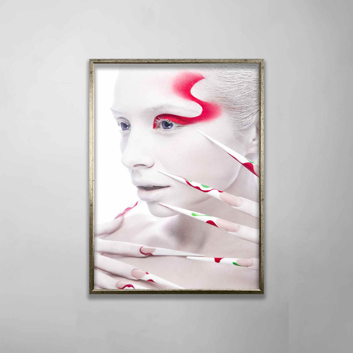 White Face Red Swirl Makeup Long Painted Nails Fashion Art Poster - Image 5
