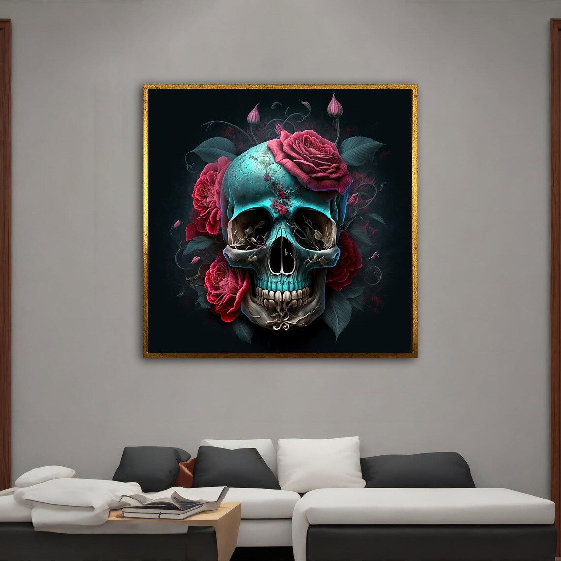 Gothic Skull with Red Roses Dark Floral Macabre Wall Art Poster - Image 3