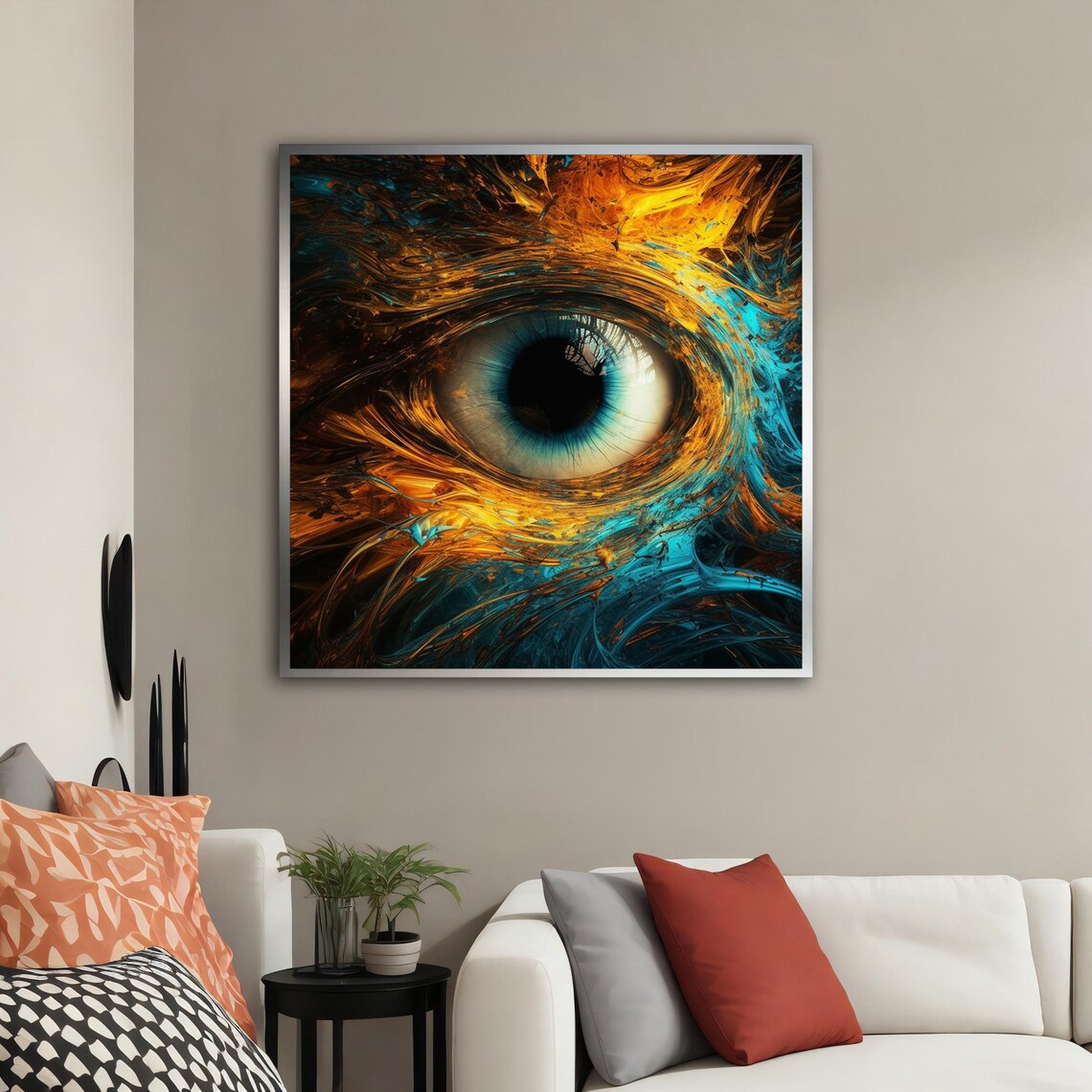 Surreal Giant Blue Eye In Swirling Gold Turquoise Paint Art Poster - Image 4