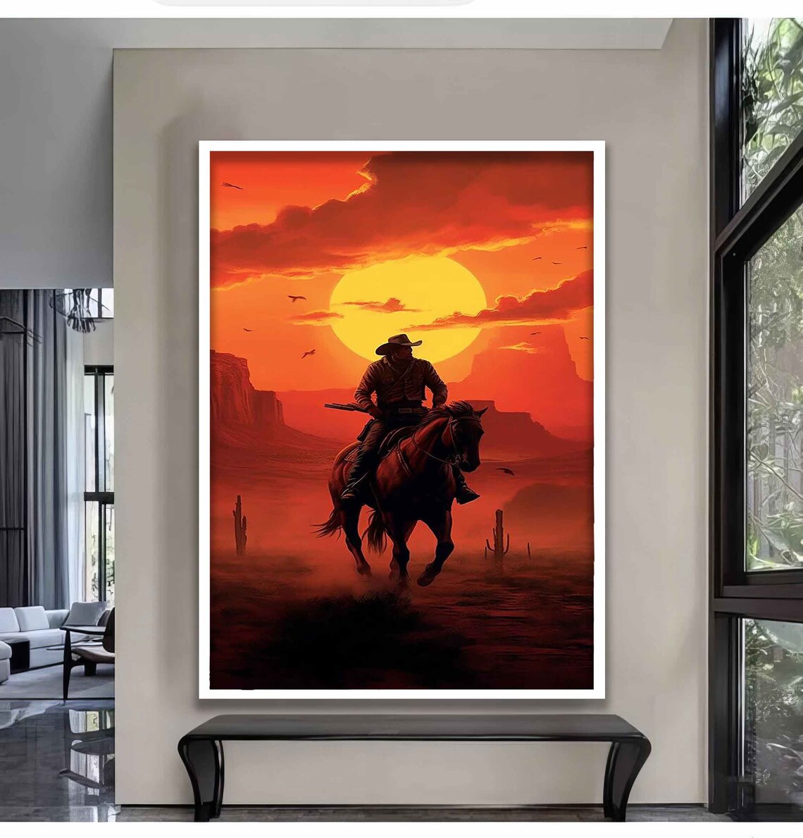 Cowboy Riding Horse Red Desert Sunset Western Epic Landscape Poster - Image 2