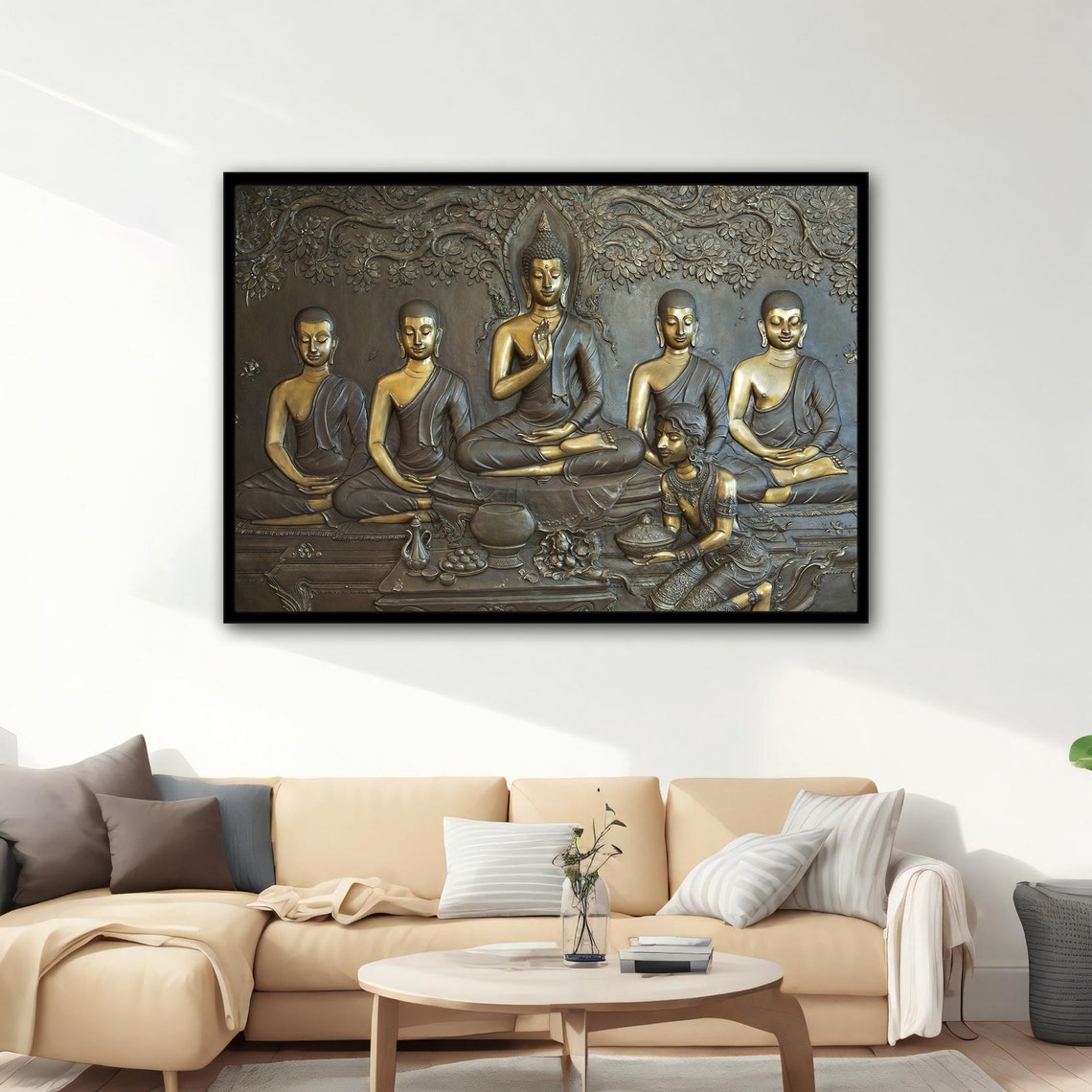 Bronze Relief Buddha with Disciples Bodhi Tree Temple Art Poster - Image 3