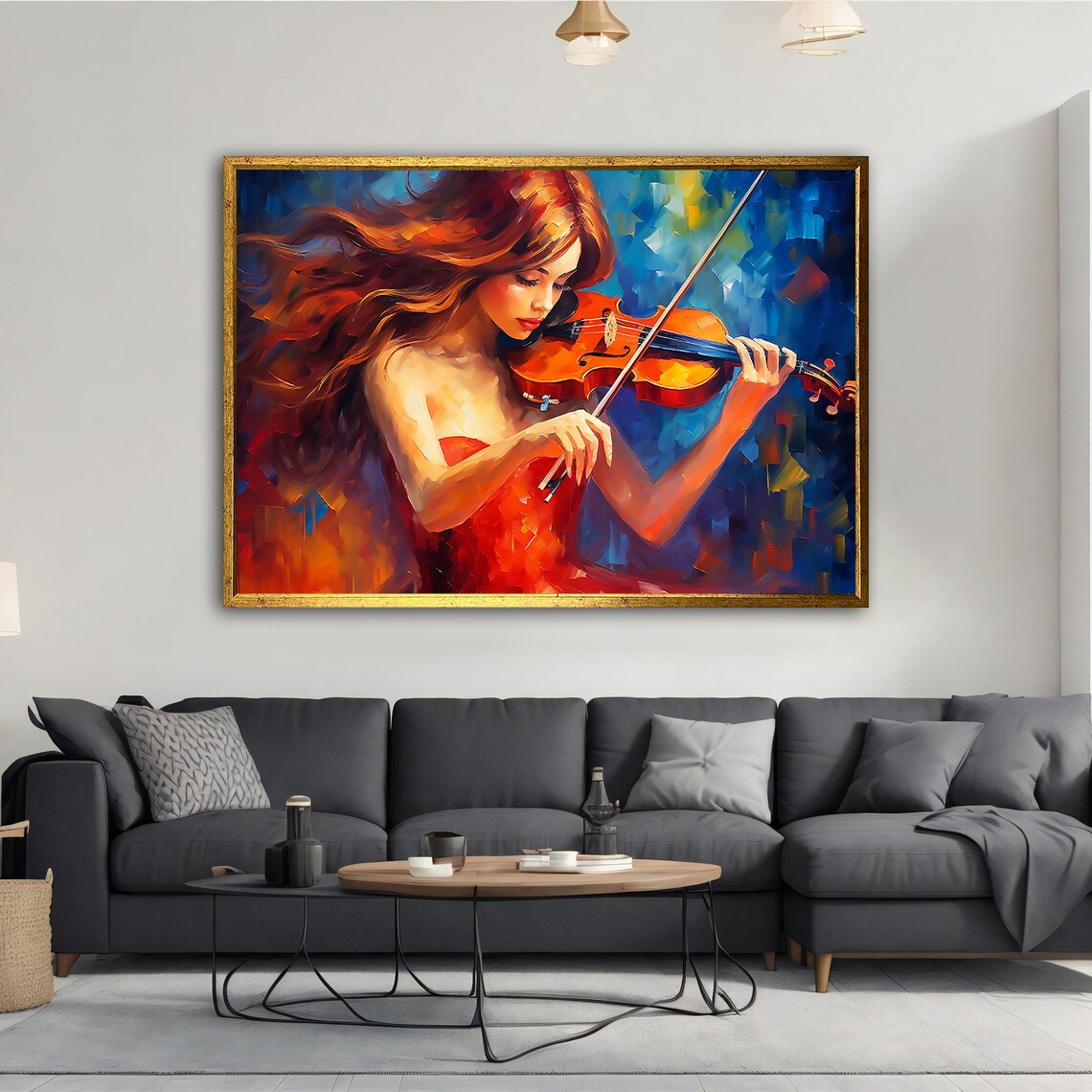 Violinist Woman in Red Dress Oil Painting Blue Musical Art Poster - Image 2