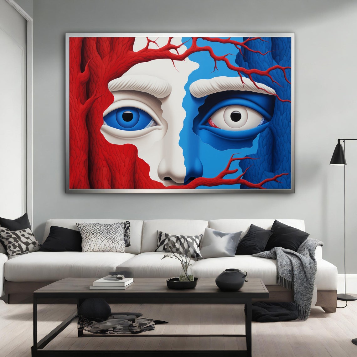 Surreal Face Red Blue Split Tree Branch Eyes Modern Fantasy Art Poster - Image 2