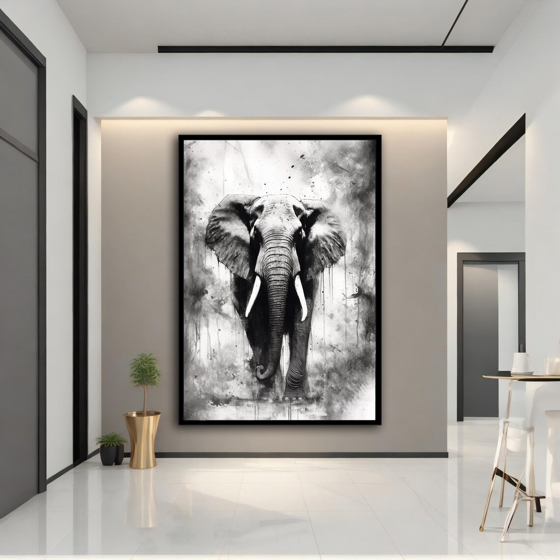 Black And White Elephant Front View Watercolor Style Art Poster - Image 2