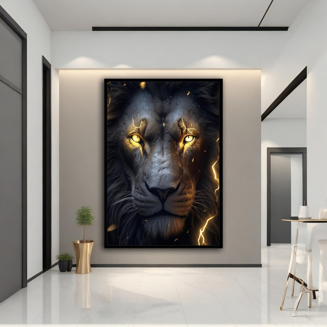Black Lion Golden Lightning Eyes Fierce Portrait Dramatic Wall Art Poster - Image 4