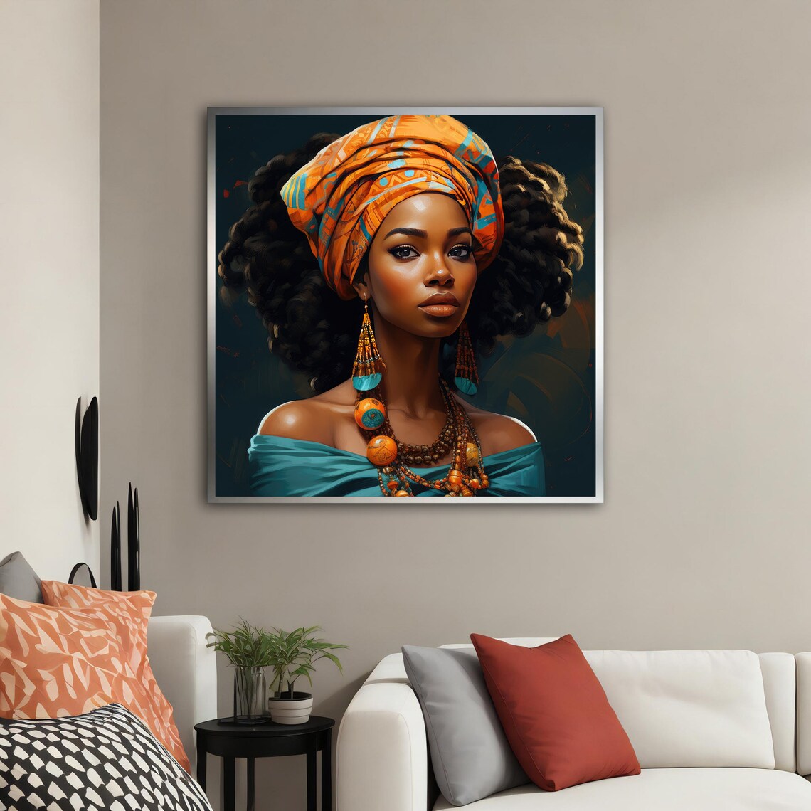 African Woman In Orange Headwrap With Tribal Jewelry Art Poster - Image 4